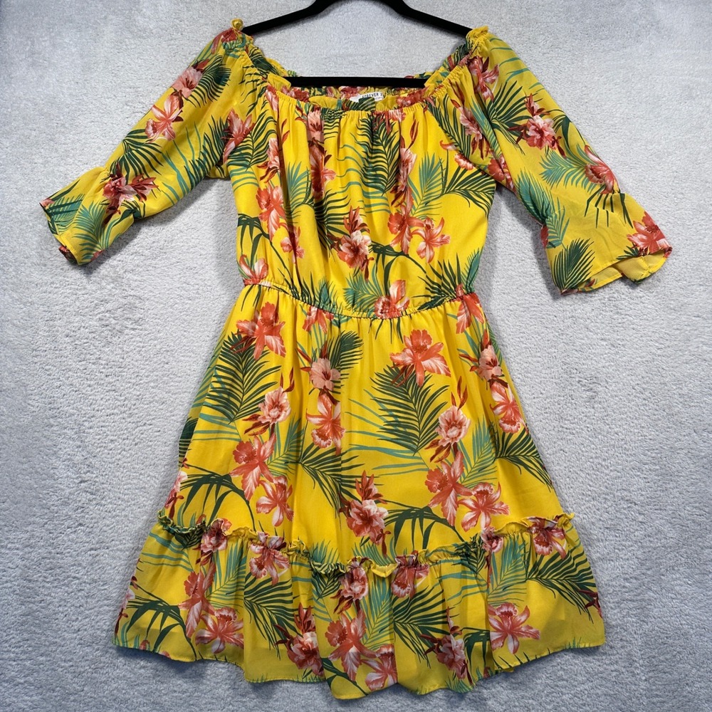 Forever 21 Floral Off Shoulder Dress Women M Ruffle Hem Tropical Yellow  Chiffon